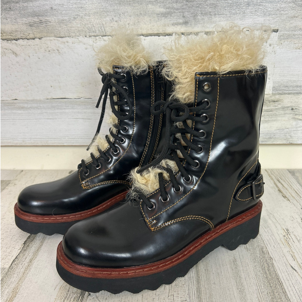 Coach Womens 7.5 Black Leather Moto Hiker Ankle Boots Shearling Platform NEW - Picture 2 of 10